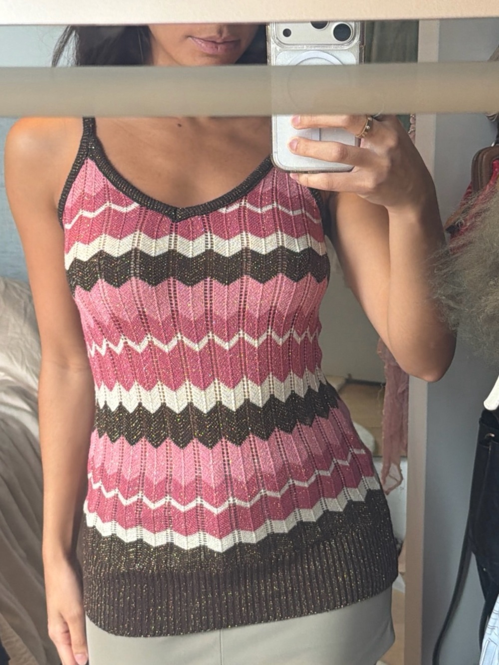 No Boundaries Pink Chevron Knit Tank with Brown and White Stripes